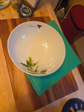 porcelain pasta bowl with a Mediterranean olive branch design